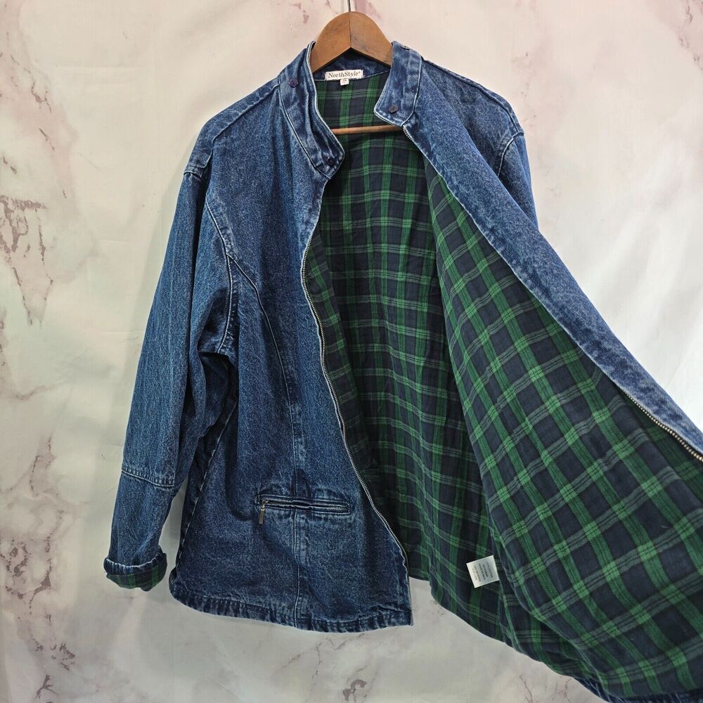 Vintage Denim Jacket Womns 3X Jean 80s 90s Flannel Lined Green Plaid Dark Medium - Picture 8 of 12